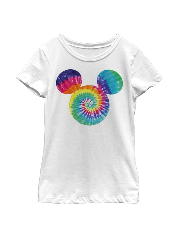Girl's Mickey & Friends Rainbow Tie-Dye Mickey Mouse Logo Graphic Tee White Medium