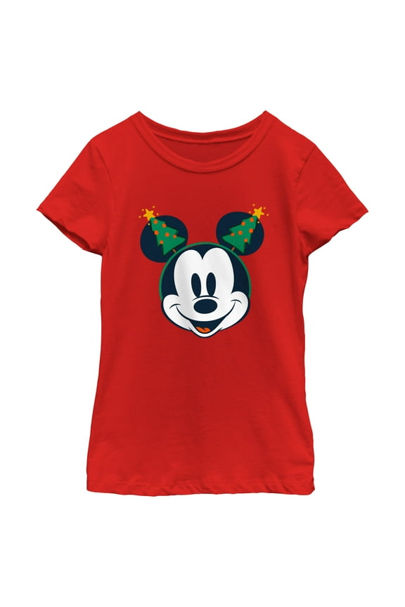 Girl's Mickey & Friends Retro Christmas Tree Ears Graphic Tee Red Medium