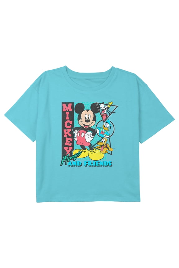Girl's Mickey & Friends Retro Shapes Crew Graphic Cropped T-Shirt Blue Medium