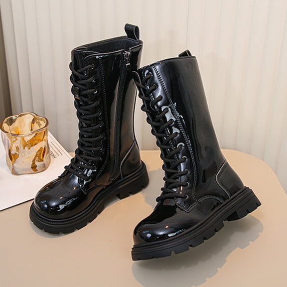 Girl's Mid Calf Boot, Lace Up Riding Bootie, PU Goth Combat Boot (Black 6-7Years)