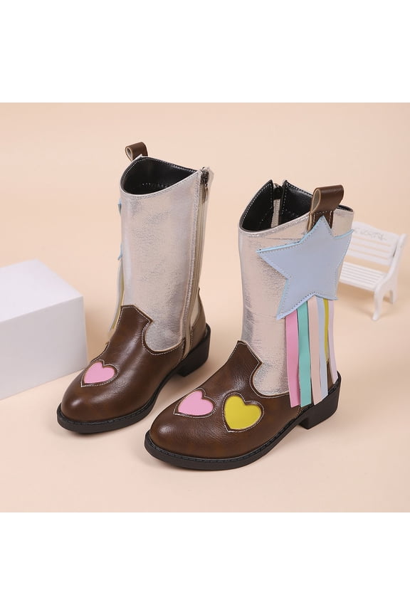 Girl's Mid Calf Boots with Heart Pattern Side Zipper Ribbon Ethnic Style Warmth Fashion Soft Sole Autumn Boots