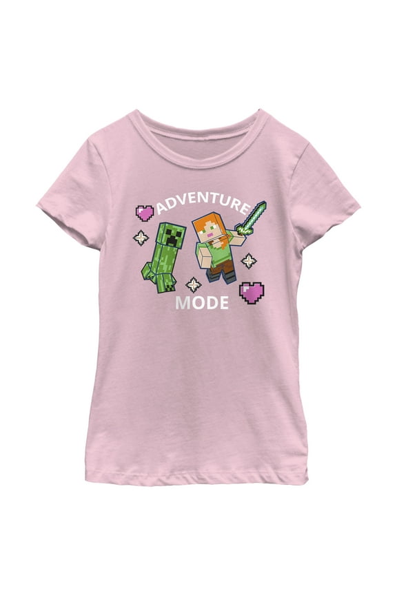 Girl's Minecraft Adventure Mode Alex and Creeper  Graphic Tee Light Pink Medium