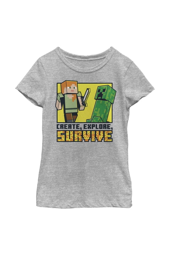 Girl's Minecraft Create Explore Survive Graphic Tee Athletic Heather Large