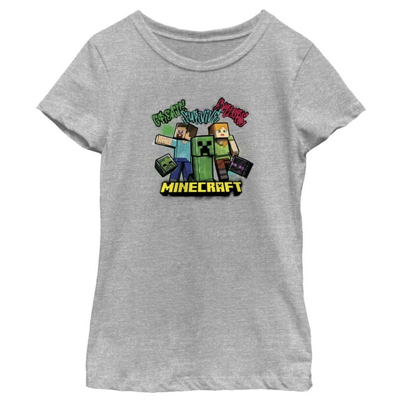 Girl's Minecraft Create Survive Explore Alex and Steve  Graphic Tee Athletic Heather X Small
