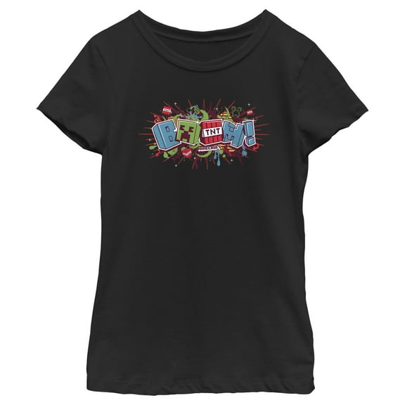 Girl's Minecraft Creeper Boom Colorful  Graphic Tee Black Large