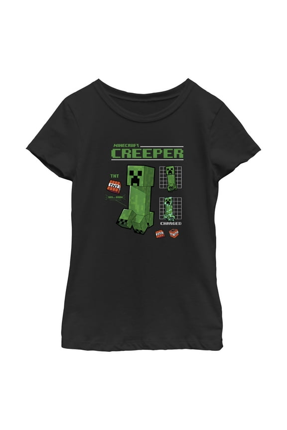 Girl's Minecraft Creeper Graph Charged  Graphic Tee Black Medium