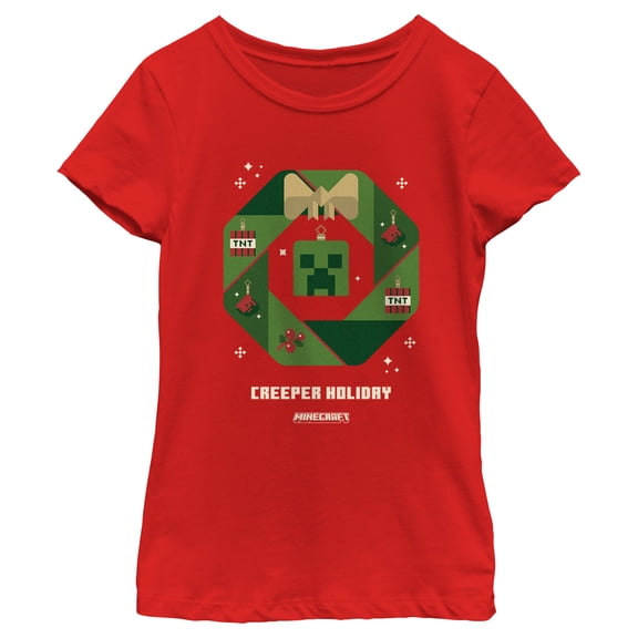 Girl's Minecraft Creeper Holiday Wreath Graphic Tee Red Large