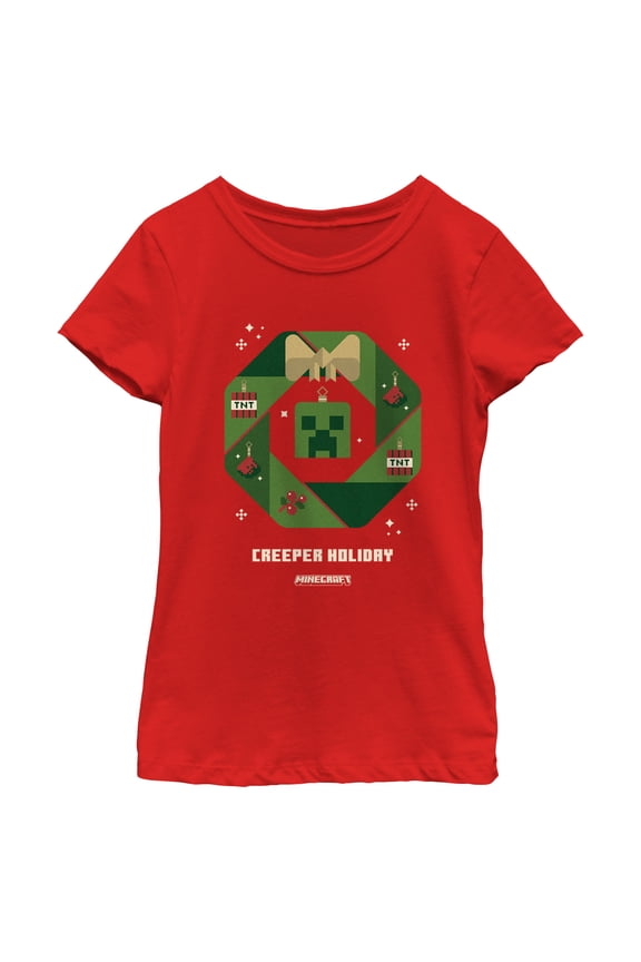 Girl's Minecraft Creeper Holiday Wreath  Graphic Tee Red Medium