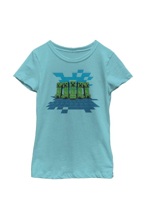 Girl's Minecraft Creeper Mob  Graphic Tee Tahiti Blue Small