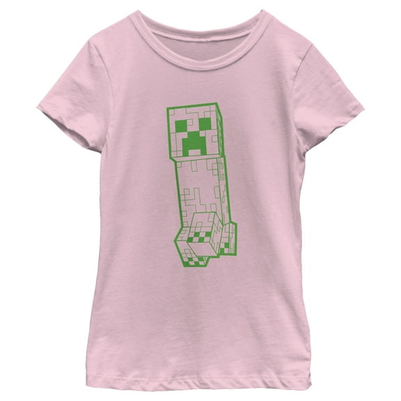 Girl's Minecraft Creeper Outline  Graphic Tee Light Pink Large