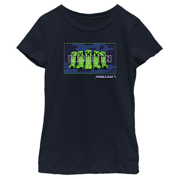 Girl's Minecraft Creepers Game On Graphic Tee Navy Blue Medium