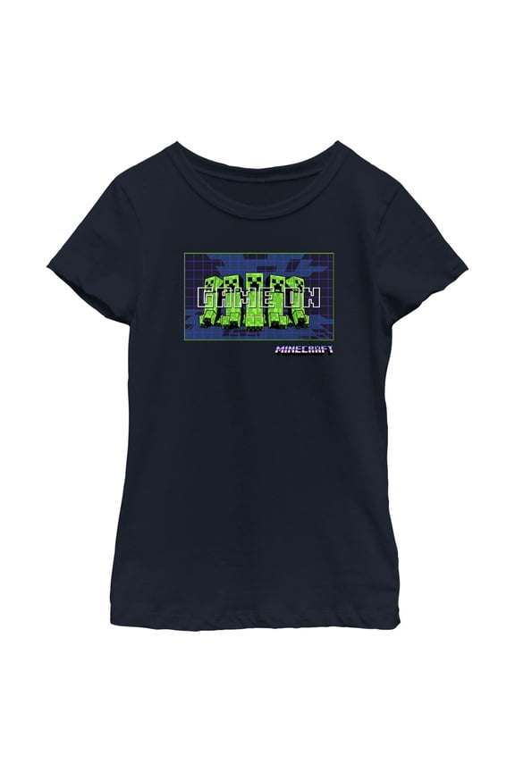 Girl's Minecraft Creepers Game On  Graphic Tee Navy Blue Small