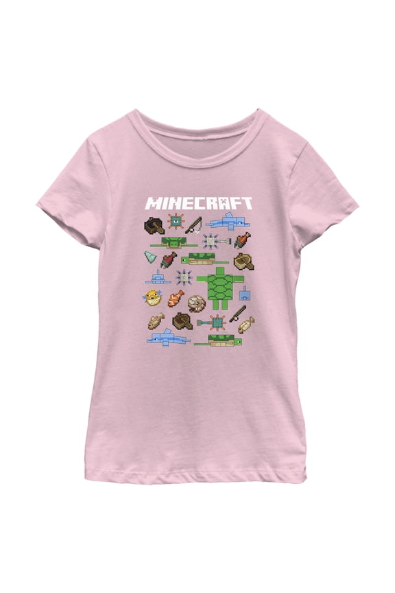 Girl's Minecraft Fish and Mobs  Graphic Tee Light Pink X Large