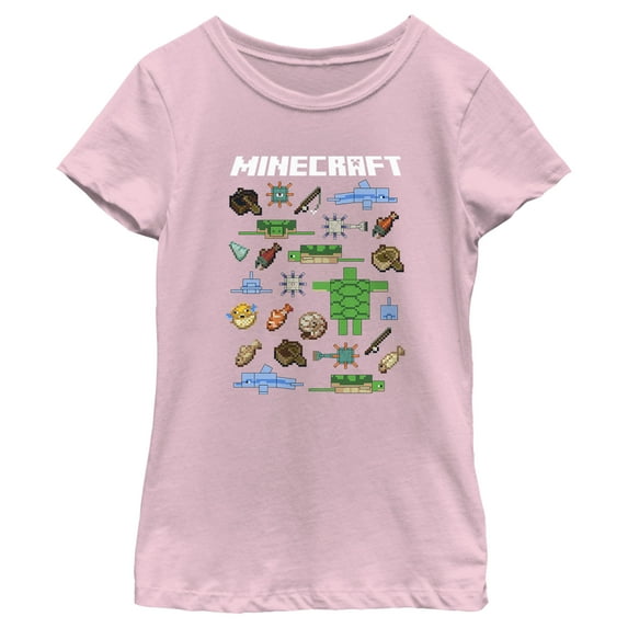 Girl's Minecraft Fish and Mobs Graphic Tee Light Pink X Large