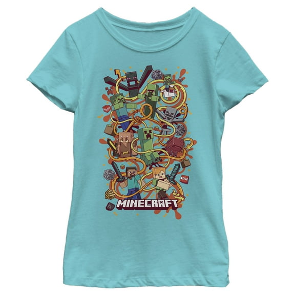 Girl's Minecraft Group Shot  Graphic Tee Tahiti Blue Medium