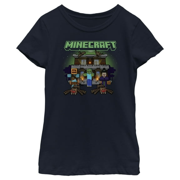 Girl's Minecraft Halloween Creeper Haunted House Graphic Tee Navy Blue Medium
