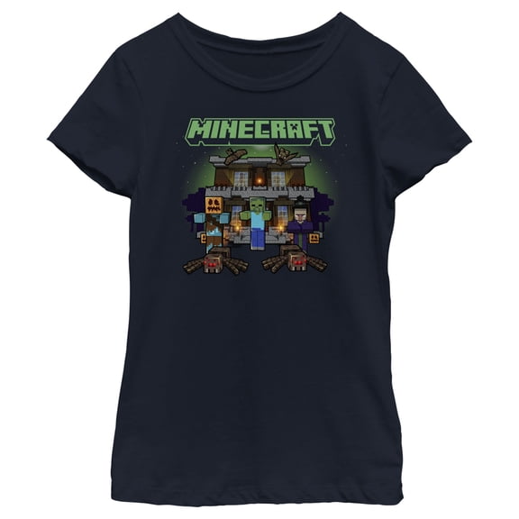 Girl's Minecraft Halloween Creeper Haunted House Graphic Tee Navy Blue X Large