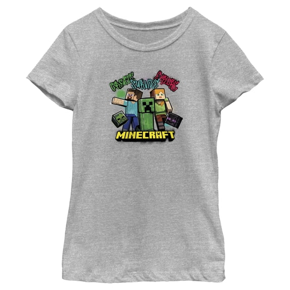 Girl's Minecraft Create Survive Explore Alex and Steve Graphic Tee Athletic Heather Large