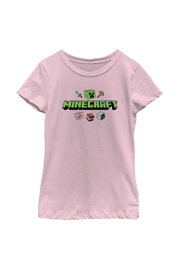 Girl's Minecraft Icons Logo  Graphic Tee Light Pink Small