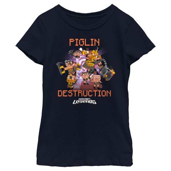 Girl's Minecraft Legends Piglin Destruction Graphic Tee Navy Blue Medium