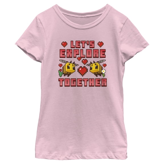 Girl's Minecraft Let's Explore Together Valentine Bee  Graphic Tee Light Pink X Large