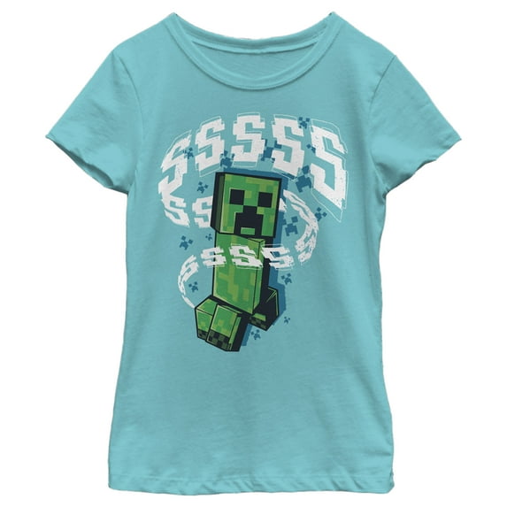 Girl's Minecraft SSSS Creeper Graphic Tee Tahiti Blue Medium