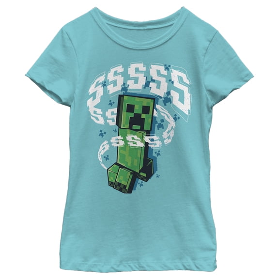 Girl's Minecraft SSSS Creeper Graphic Tee Tahiti Blue Small