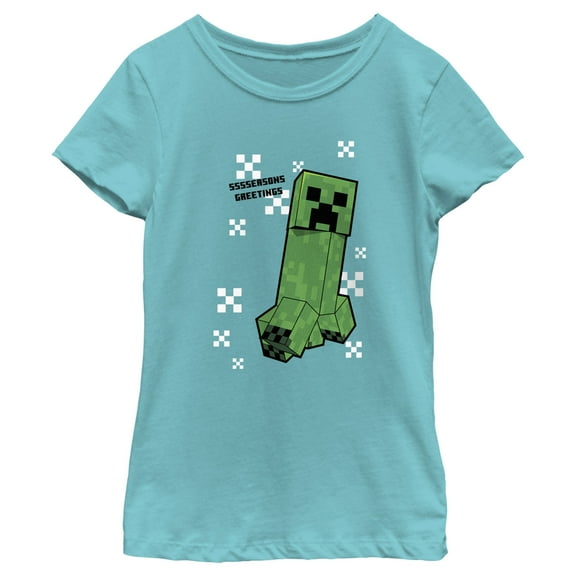Girl's Minecraft SSSSeasons Greetings Creeper  Graphic Tee Tahiti Blue Medium