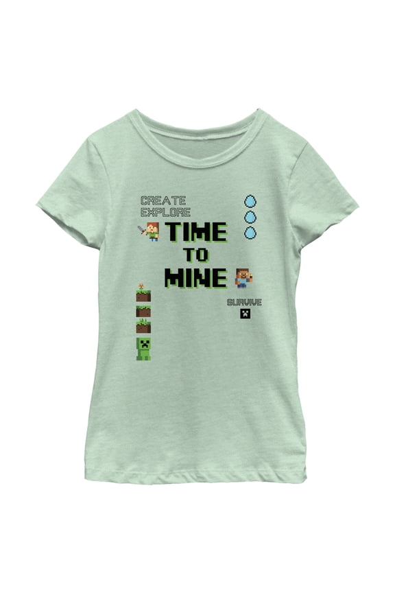 Girl's Minecraft Small Steve and Alex  Graphic Tee Mint Small