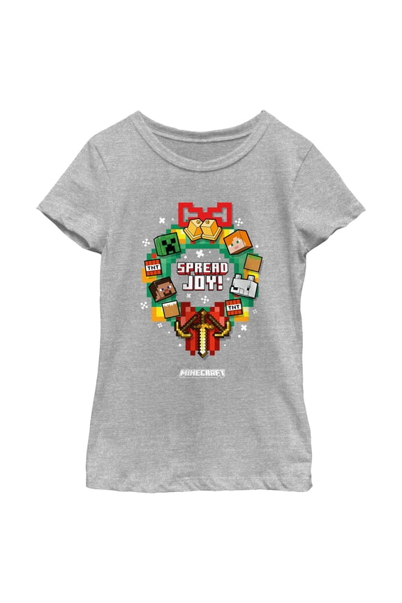 Girl's Minecraft Spread Joy Wreath Graphic Tee Athletic Heather Large