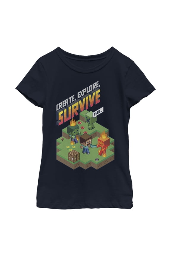 Girl's Minecraft Steve Create Explore Survive Graphic Tee Navy Blue Small