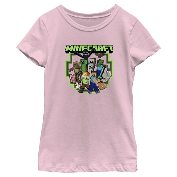 Girl's Minecraft Steve and Alex Group Shot  Graphic Tee Light Pink Medium