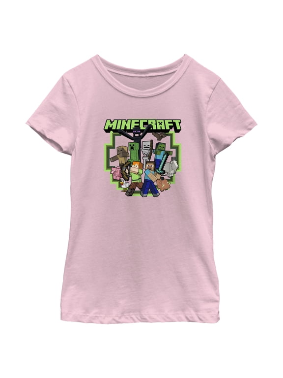Girl's Minecraft Steve and Alex Group Shot Graphic Tee Light Pink Medium