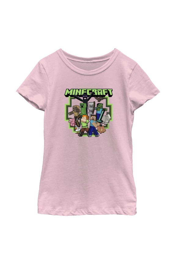 Girl's Minecraft Steve and Alex Group Shot  Graphic Tee Light Pink Small