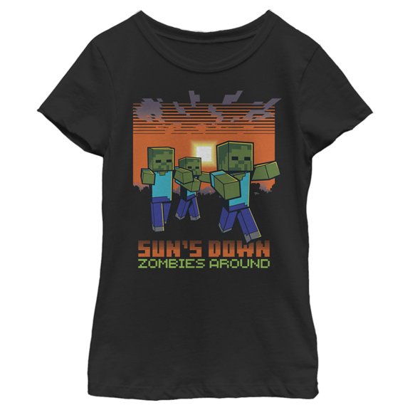 Girl's Minecraft Sun's Down Zombies Around Graphic Tee Black Small