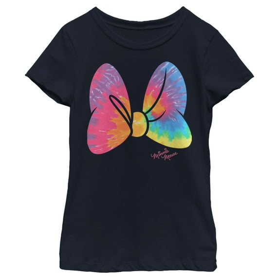 Girl's Minnie Mouse Tie-Dye Rainbow Pattern Bow Graphic Tee Navy Blue Large