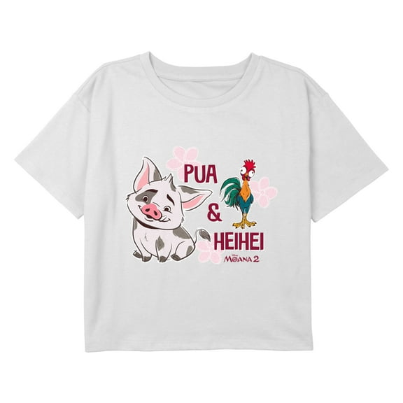 Girl's Moana 2 Pua & Heihei Flowers Logo Graphic Cropped T-Shirt