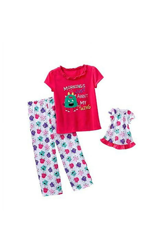 Girl's Morning Monster Pajama Set, with Doll Gown, Size 5