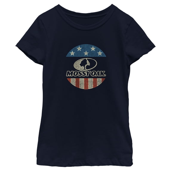Girl's Mossy Oak American Flag Circle Logo Graphic Tee Navy Blue Large