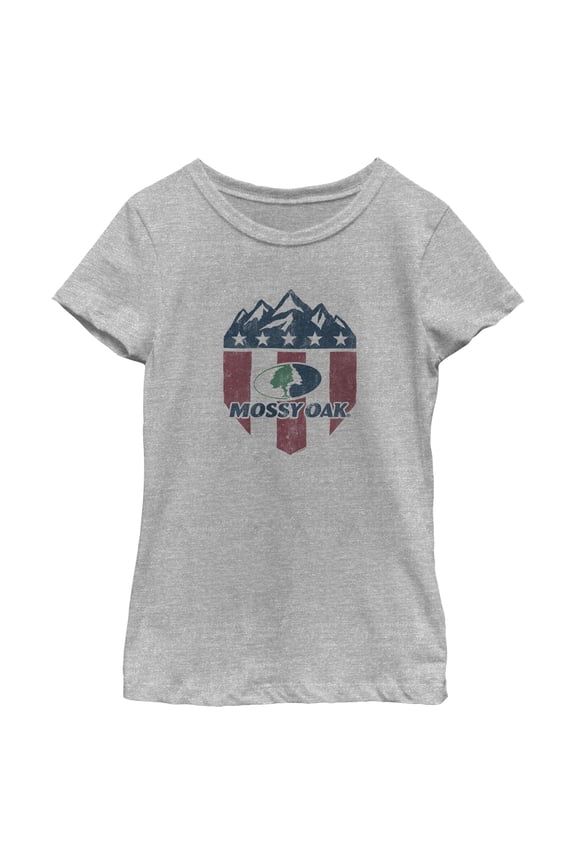 Girl's Mossy Oak American Flag Shield Logo Graphic Tee Athletic Heather Large