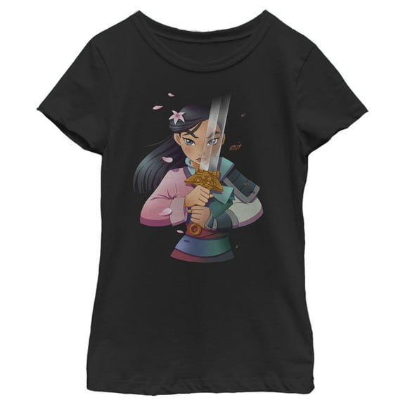 Girl's Mulan Anime Reflection  Graphic Tee Black Large