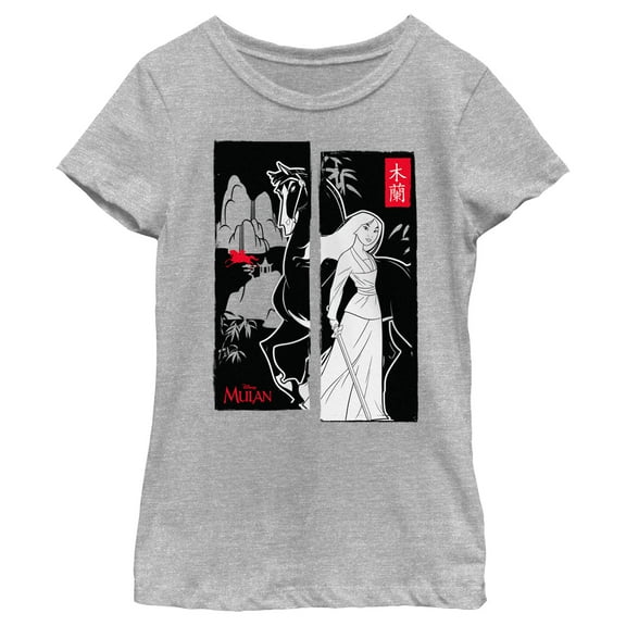 Girl's Mulan Black and White Poster  Graphic Tee Athletic Heather Large