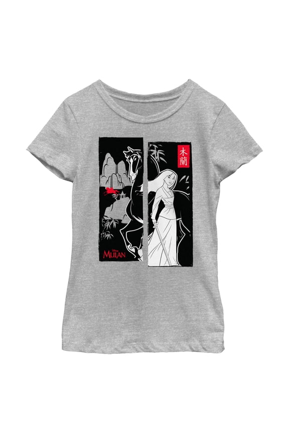 Girl's Mulan Black and White Poster Graphic Tee Athletic Heather Small