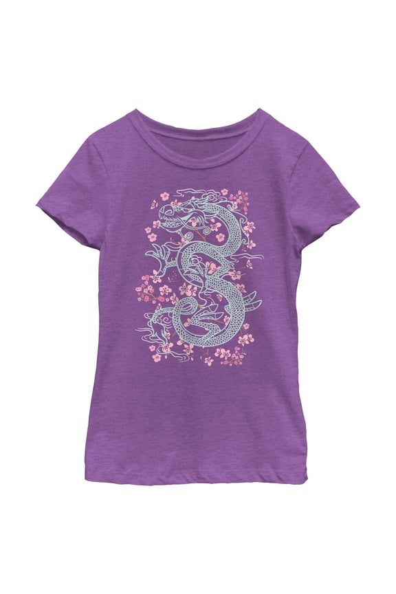 Girl's Mulan Cherry Blossom Mushu Graphic Tee Purple Berry Medium