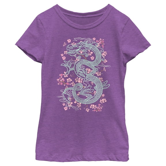 Girl's Mulan Cherry Blossom Mushu  Graphic Tee Purple Berry Small