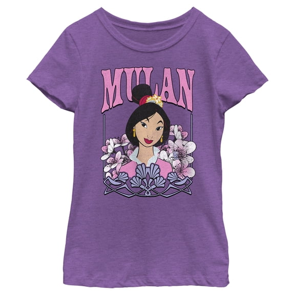 Girl's Mulan Distressed Floral Portrait Graphic Tee Purple Berry Medium