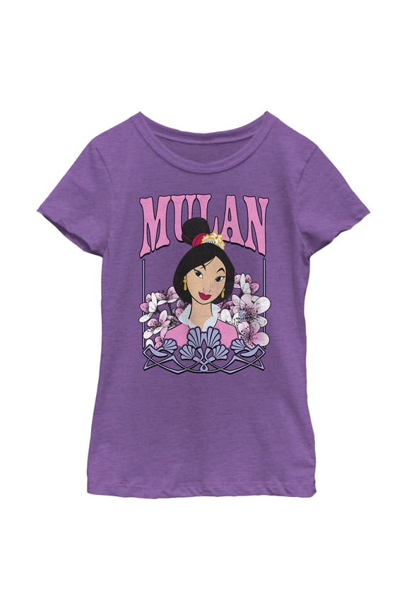 Girl's Mulan Distressed Floral Portrait Graphic Tee Purple Berry X Small