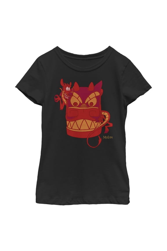 Girl's Mulan Mushu Dragon Mask Graphic Tee Black Large