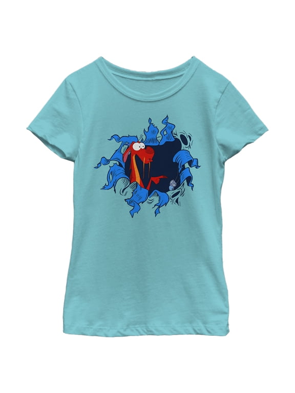 Girl's Mulan Mushu Hole Print Graphic Tee Tahiti Blue Large