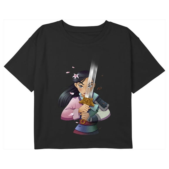 Girl's Mulan Sword Portrait Graphic Cropped T-Shirt Black Medium